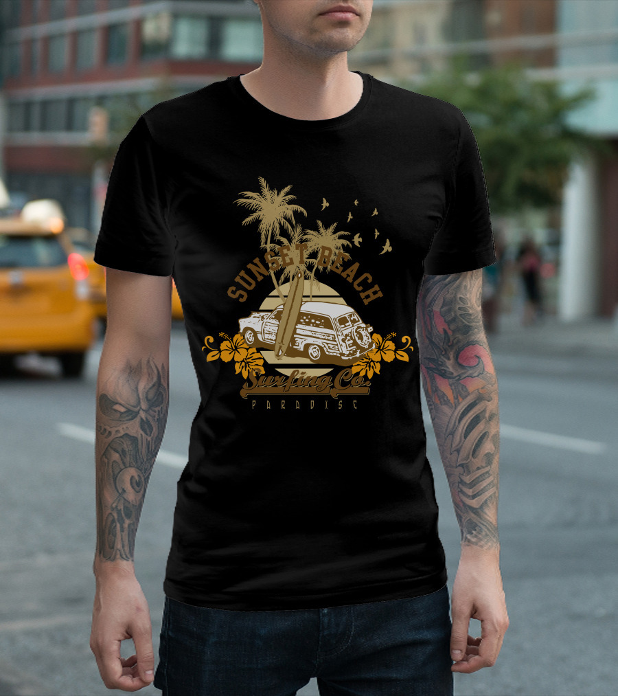 Sunset Beach Surfing Co Paradise Vintage Surf Van And Hibiscus Palm Island Scene T-Shirt