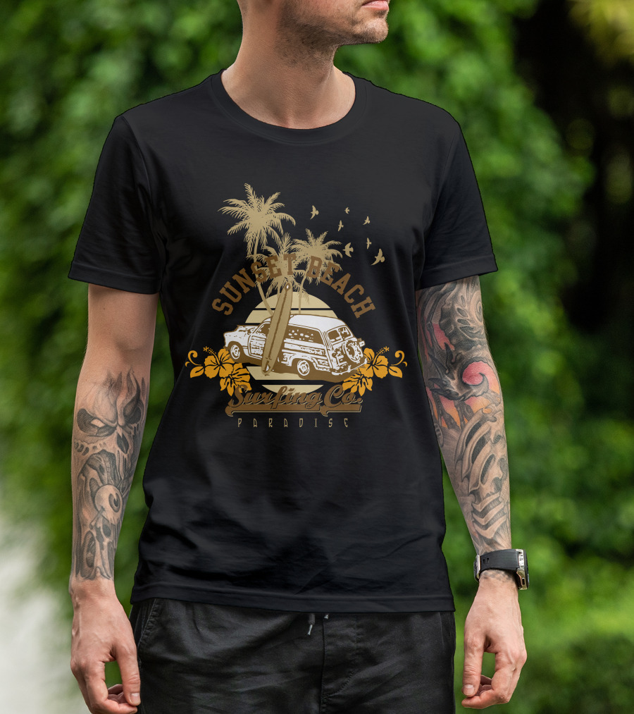 Sunset Beach Surfing Co Paradise Vintage Surf Van And Hibiscus Palm Island Scene T-Shirt