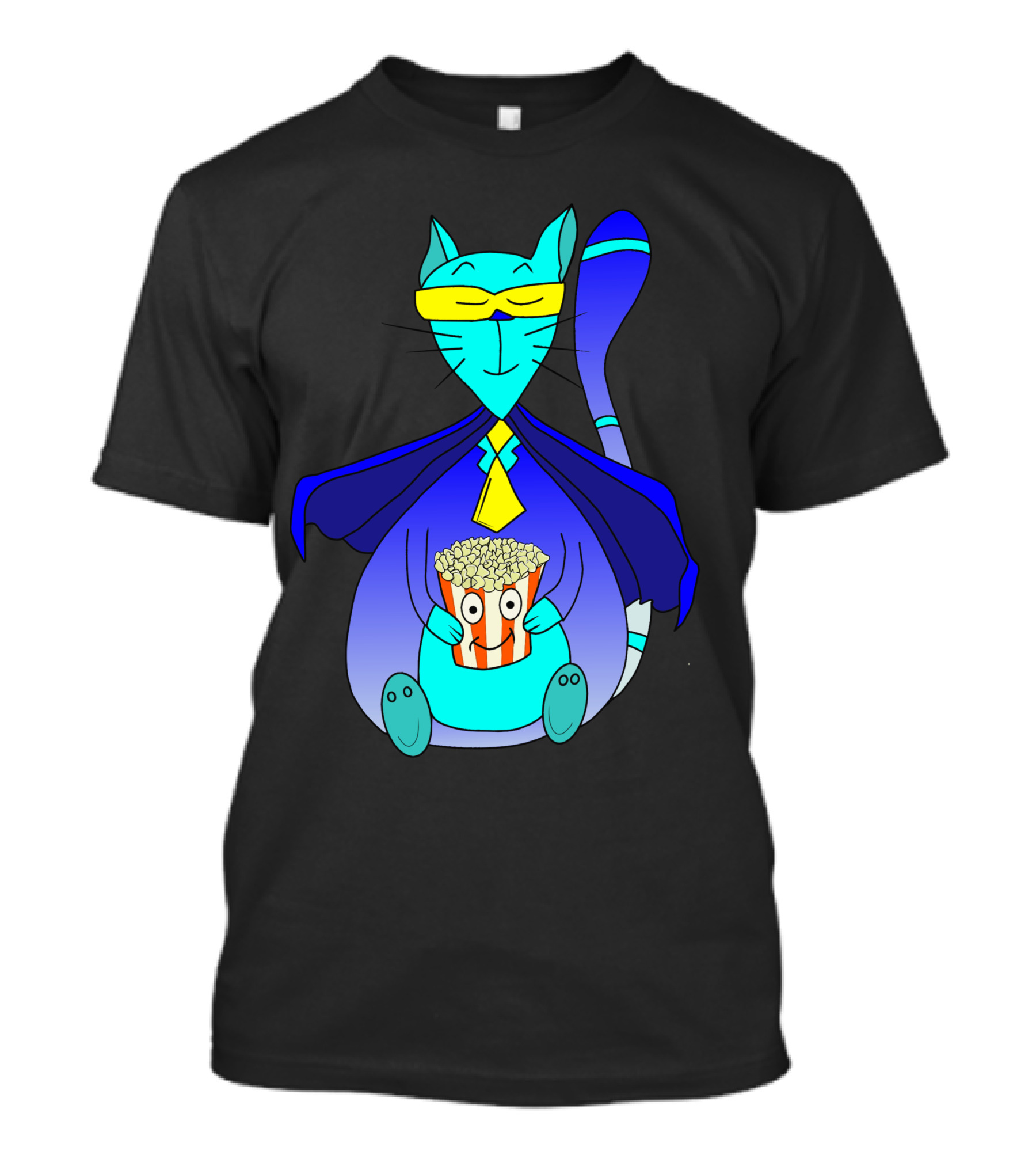 Superhero Cat With Popcorn In Blue Cape And Mask T-Shirt