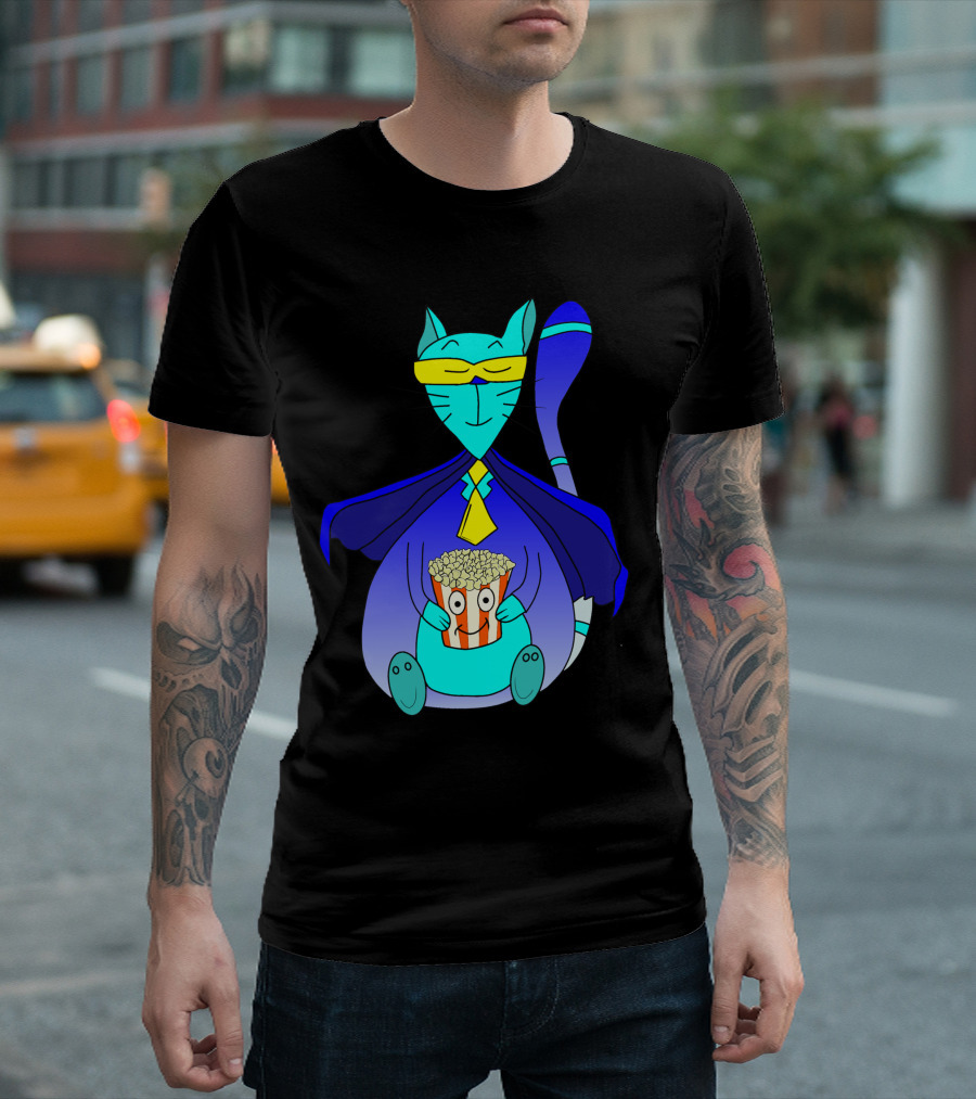 Superhero Cat With Popcorn In Blue Cape And Mask T-Shirt