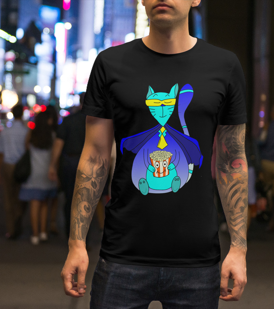 Superhero Cat With Popcorn In Blue Cape And Mask T-Shirt