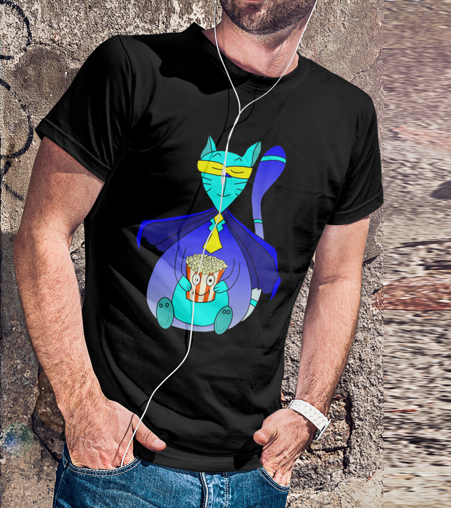 Superhero Cat With Popcorn In Blue Cape And Mask T-Shirt