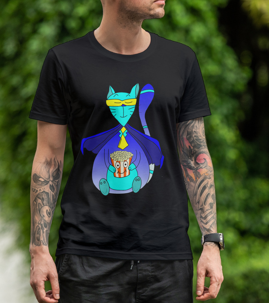 Superhero Cat With Popcorn In Blue Cape And Mask T-Shirt
