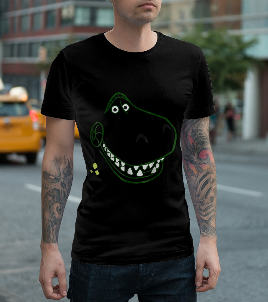 T Rex Dinosaur Green Outline Cartoon Face T-Shirt