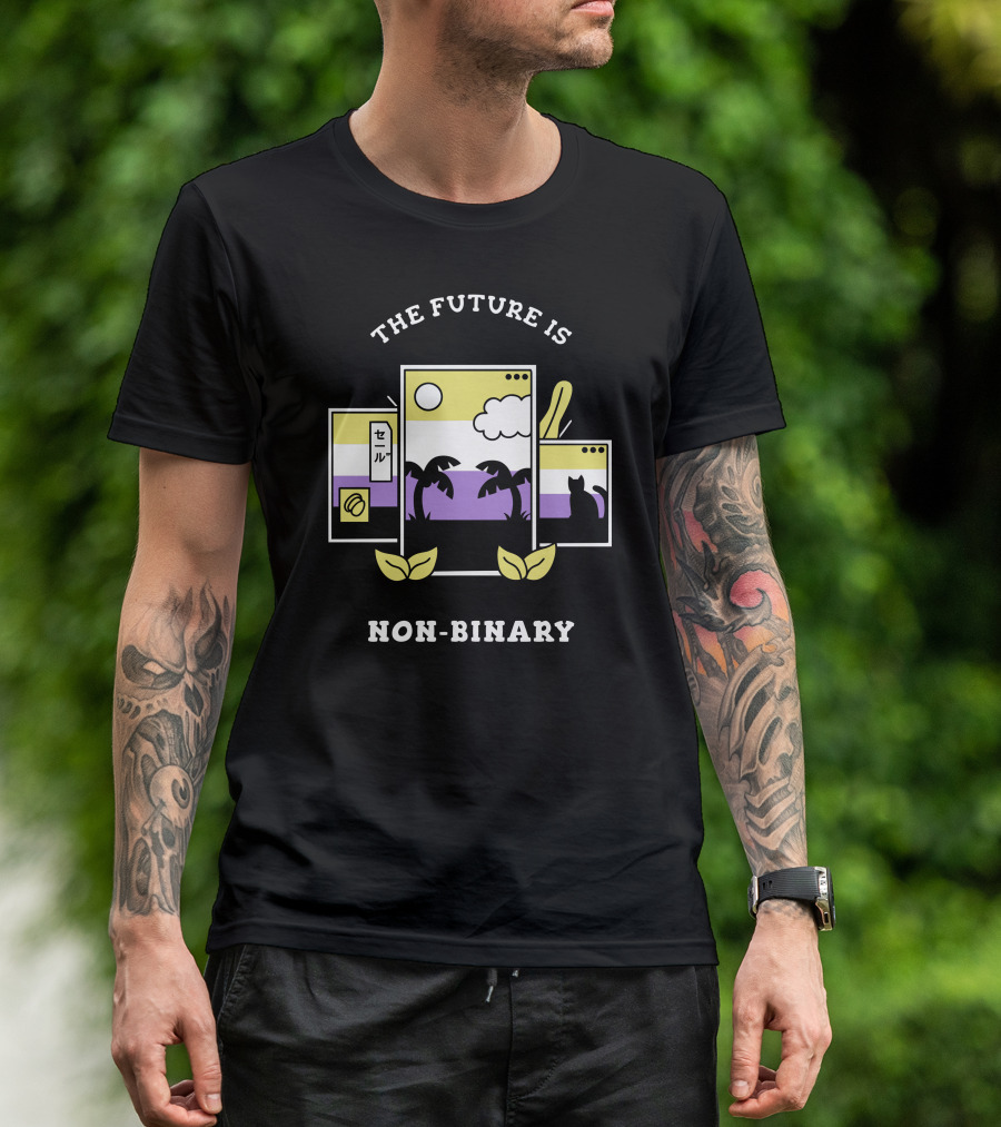 The Future Is Non Binary With Palm Trees And Cat In Neon Digital Landscape T-Shirt
