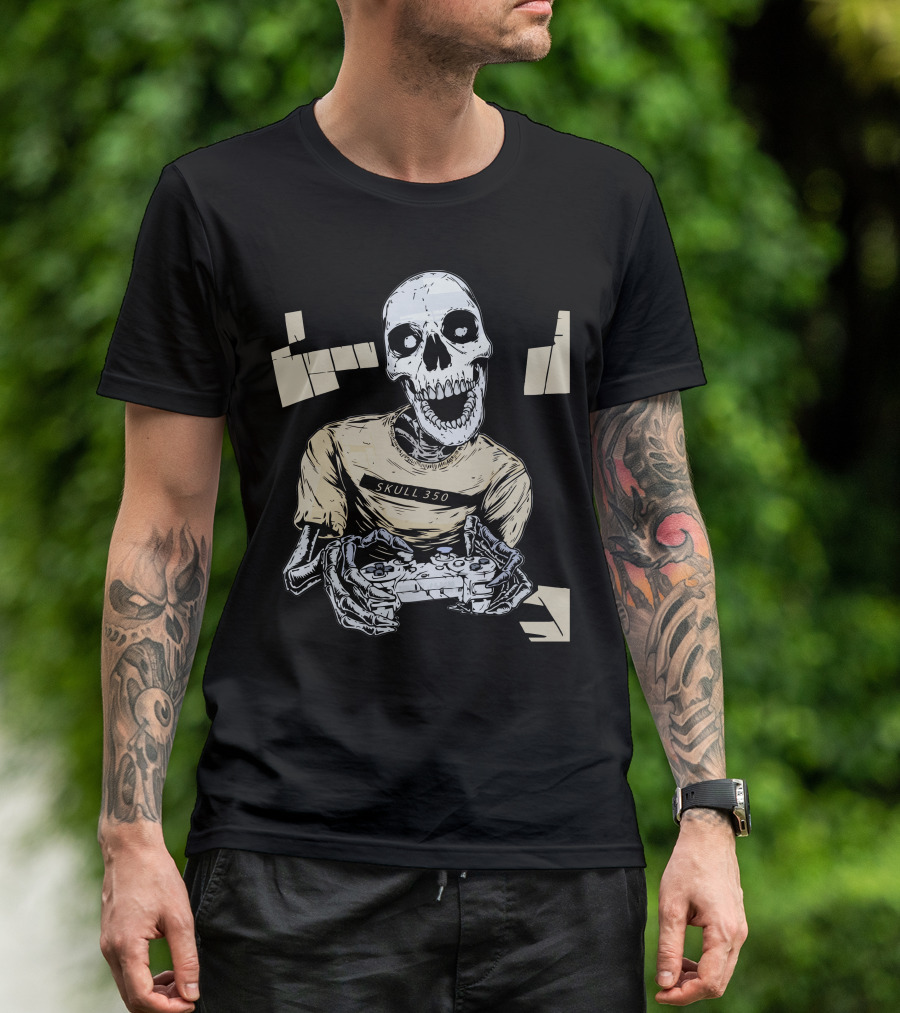 SKULL 350 Core Black White Gamer Skeleton Controller T-Shirt