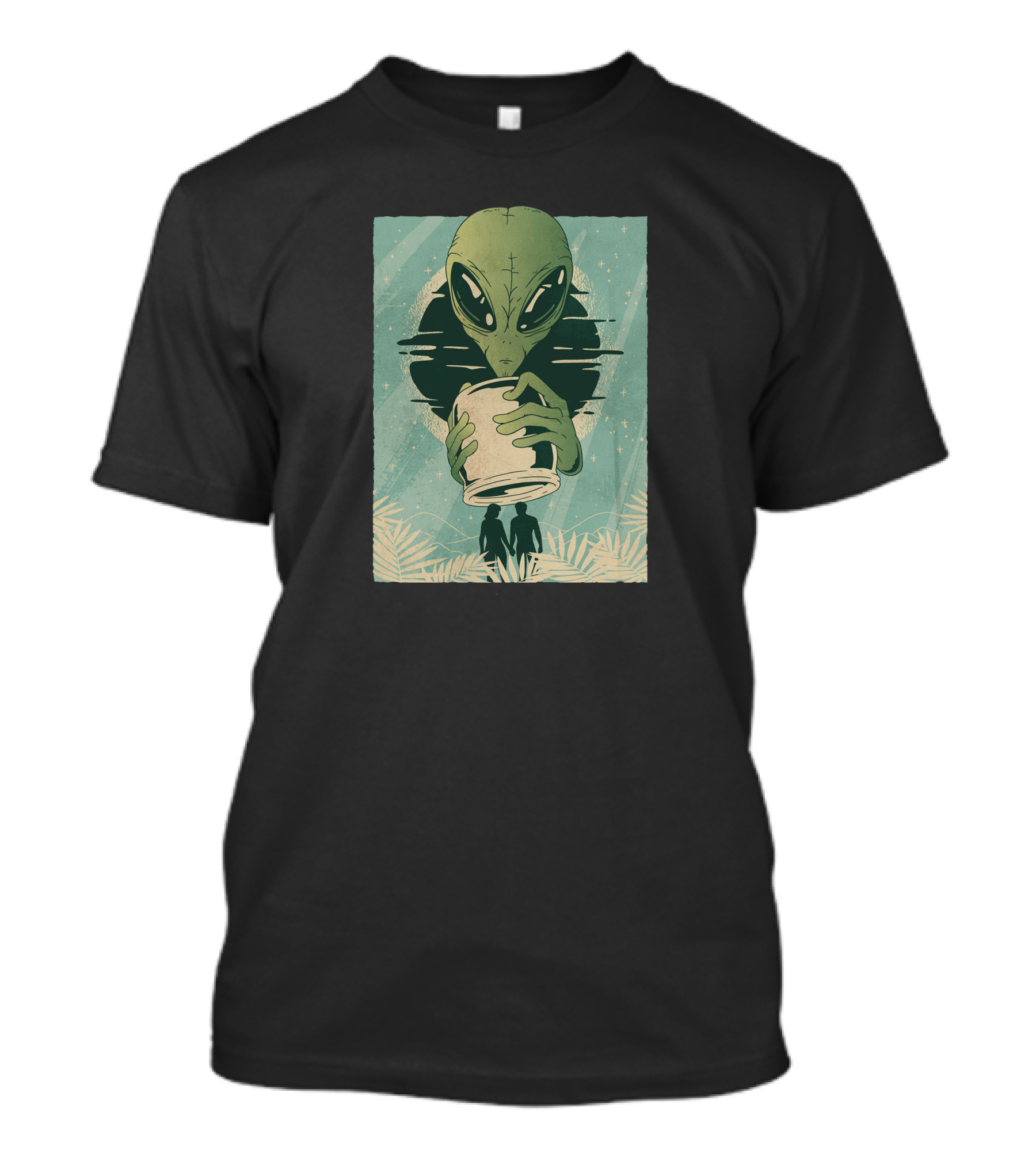Alien Drinking Coffee With Silhouetted Humans In Nature Scene T-Shirt