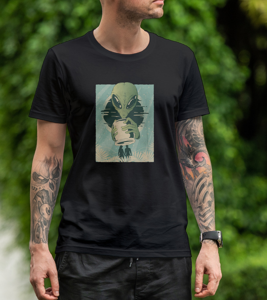 Alien Drinking Coffee With Silhouetted Humans In Nature Scene T-Shirt