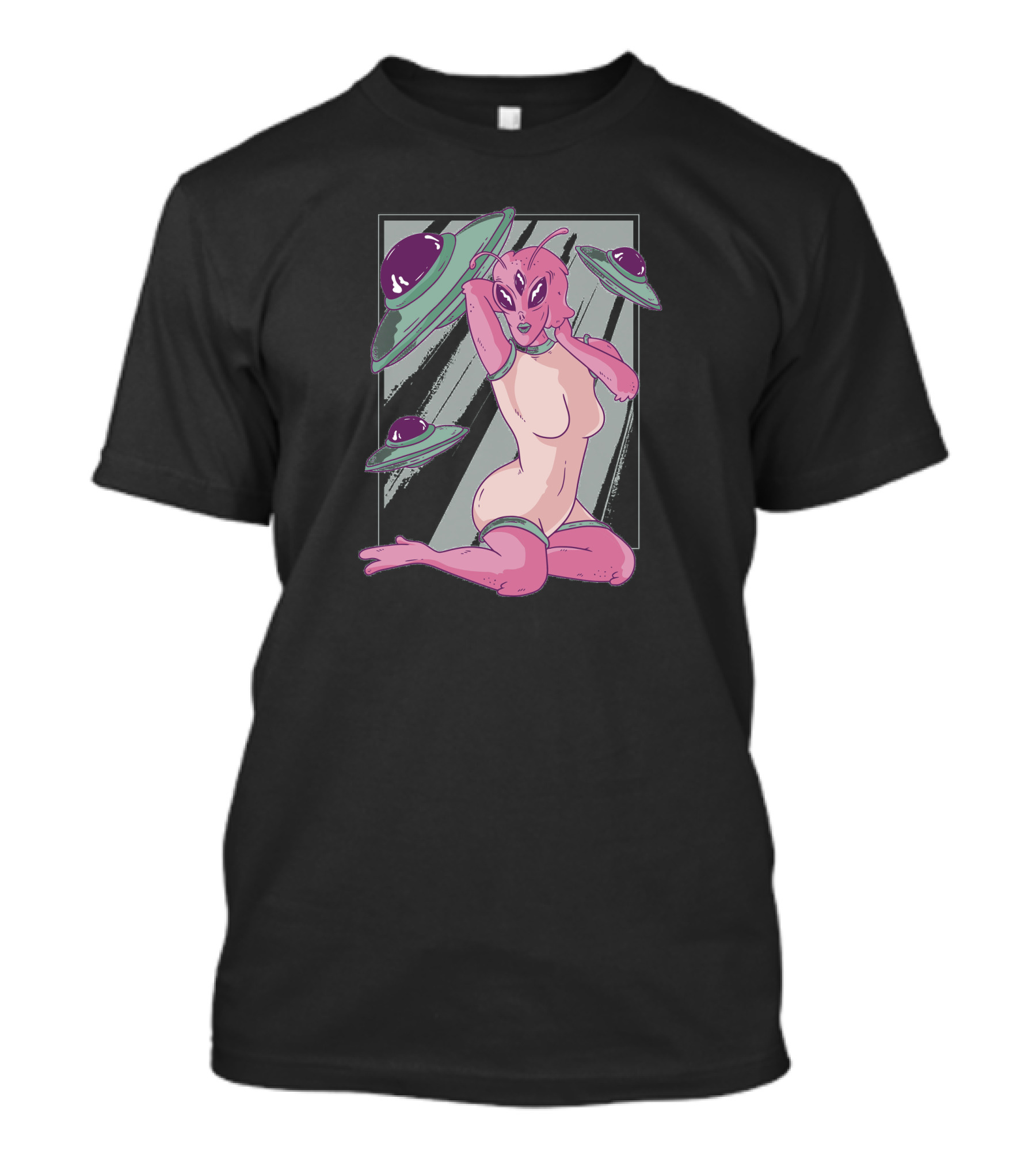 Alien Pin Up Girl With Flying Saucers T-Shirt