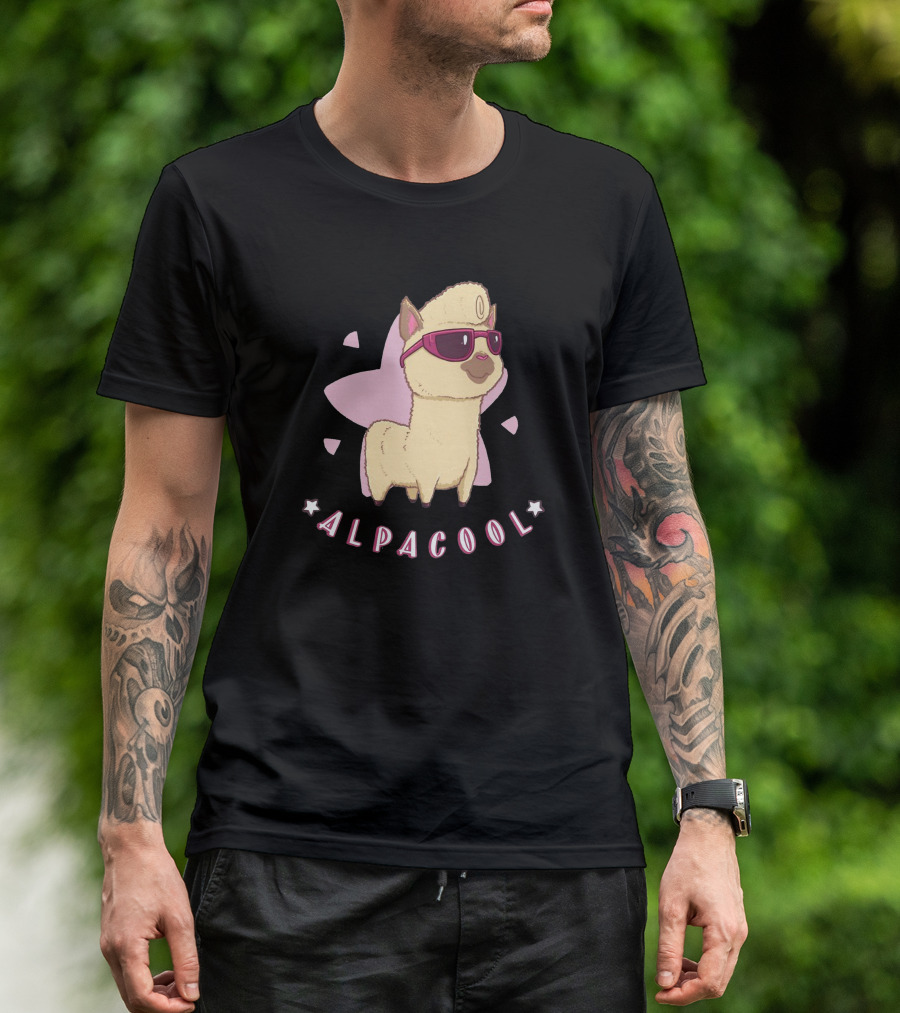 Alpacool Llama With Sunglasses And Pink Star Background T-Shirt