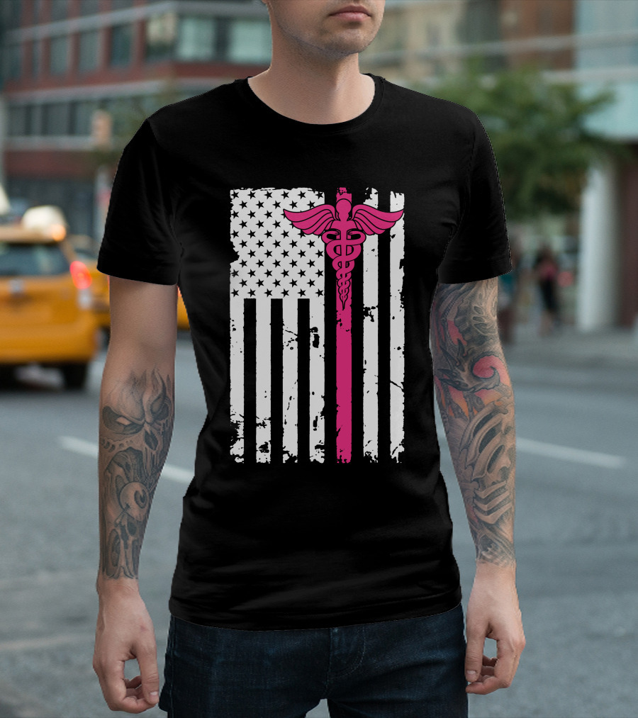 American Flag Caduceus Nurse Symbol In Pink T-Shirt