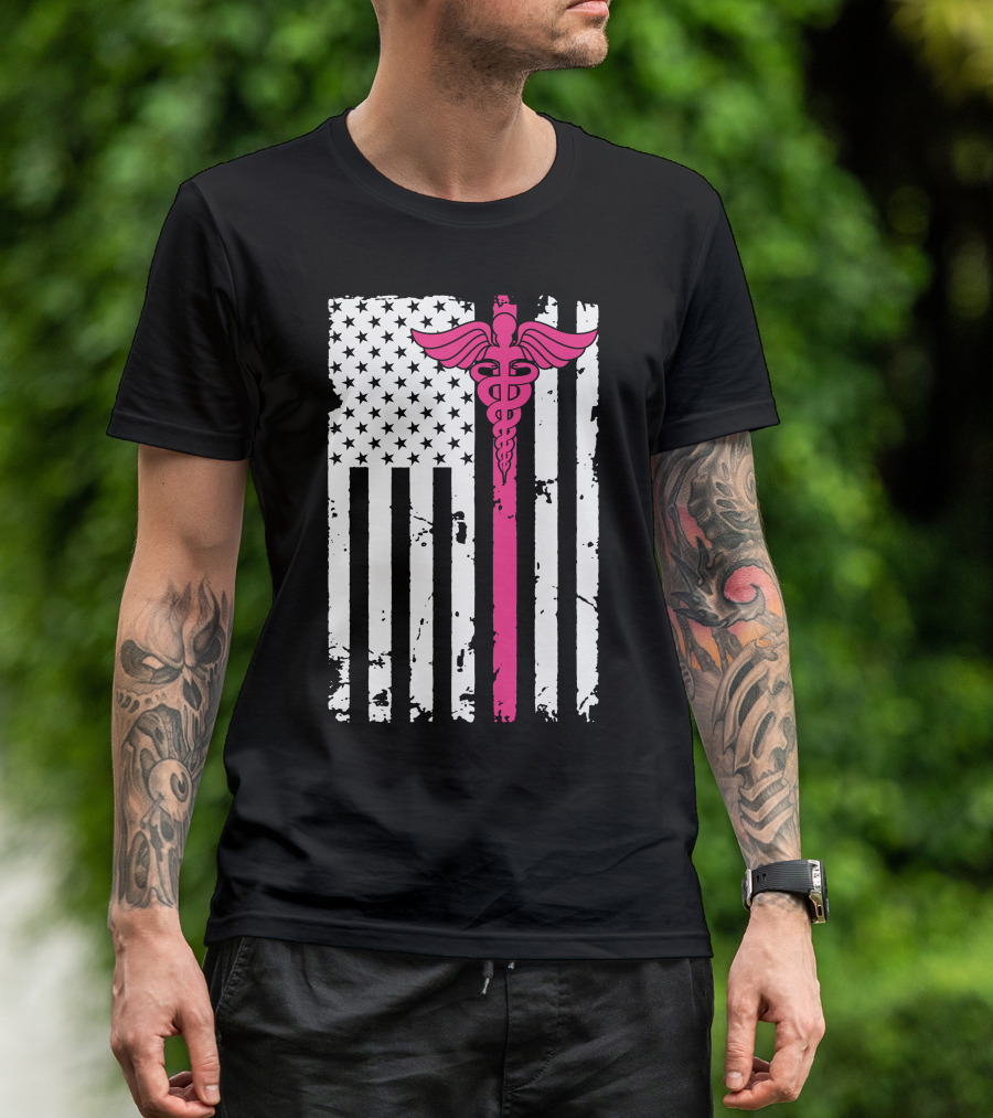 American Flag Caduceus Nurse Symbol In Pink T-Shirt