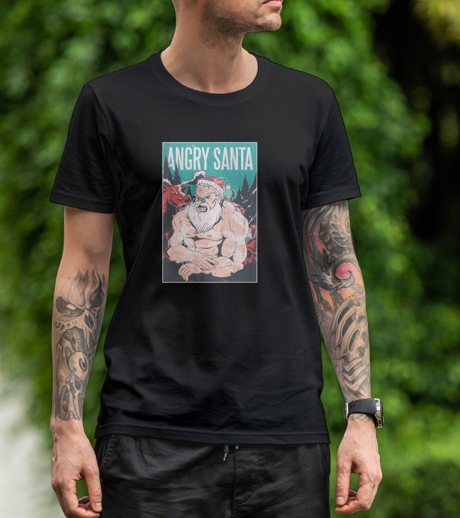 ANGRY SANTA MUSCULAR SANTA CLAUS WITH RED NOSED REINDEER AND PINE TREES T-Shirt