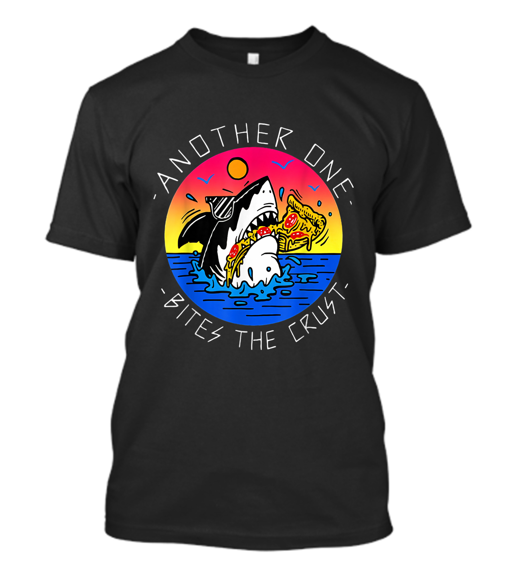 Another One Bites The Crust Shark Eating Pizza In Ocean Sunset T-Shirt