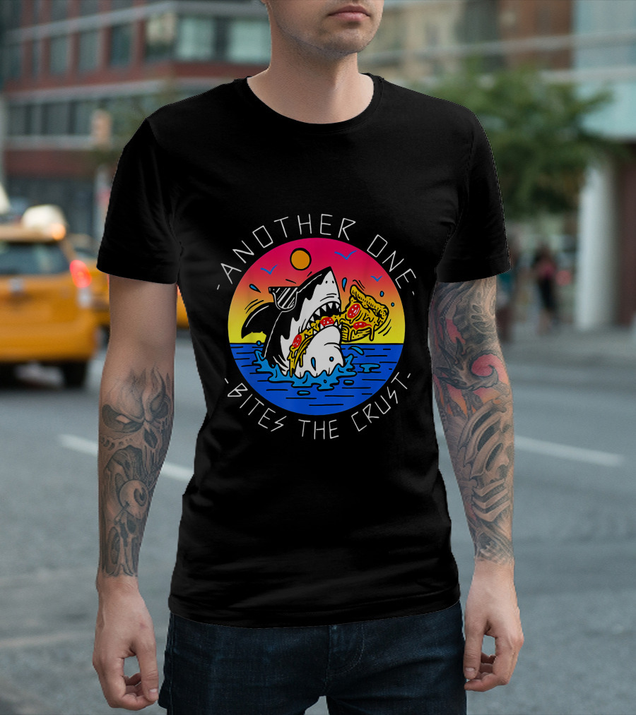 Another One Bites The Crust Shark Eating Pizza In Ocean Sunset T-Shirt