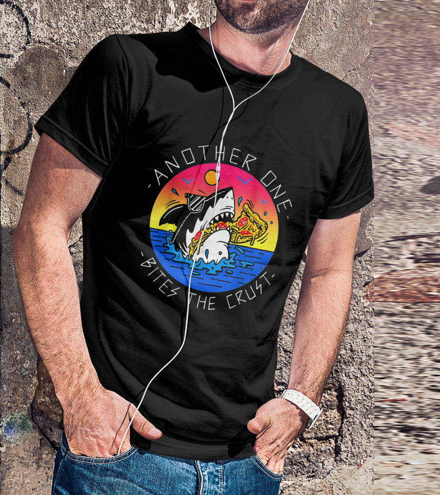 Another One Bites The Crust Shark Eating Pizza In Ocean Sunset T-Shirt