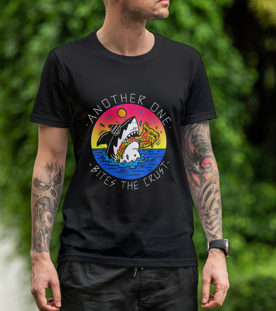 Another One Bites The Crust Shark Eating Pizza In Ocean Sunset T-Shirt