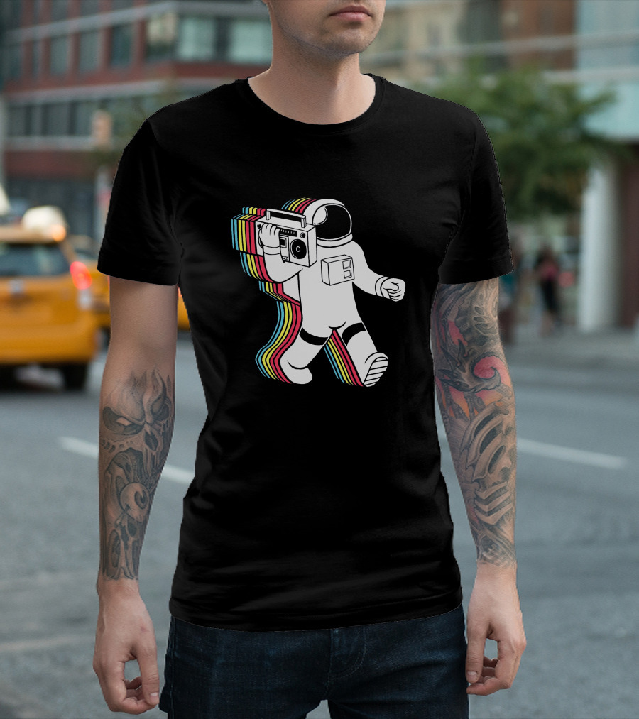 Apollo Funkalicious Astronaut Holding Boombox With Retro Stripes T-Shirt