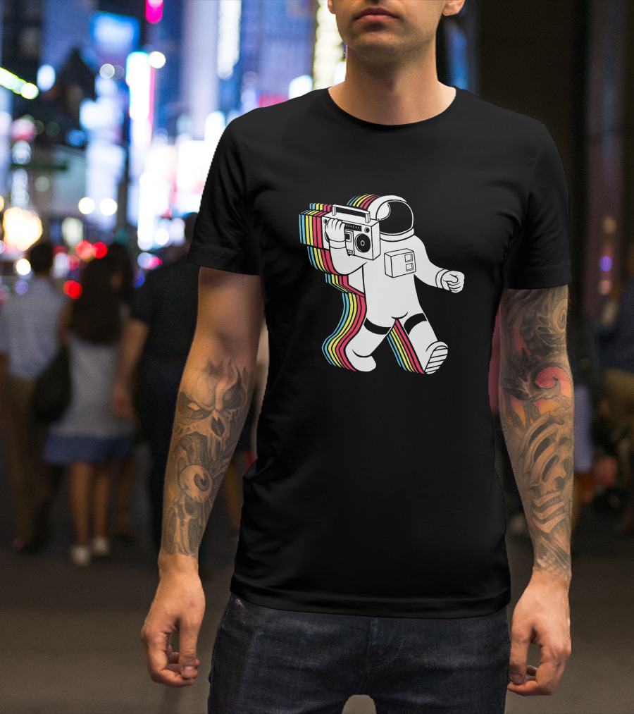 Apollo Funkalicious Astronaut Holding Boombox With Retro Stripes T-Shirt