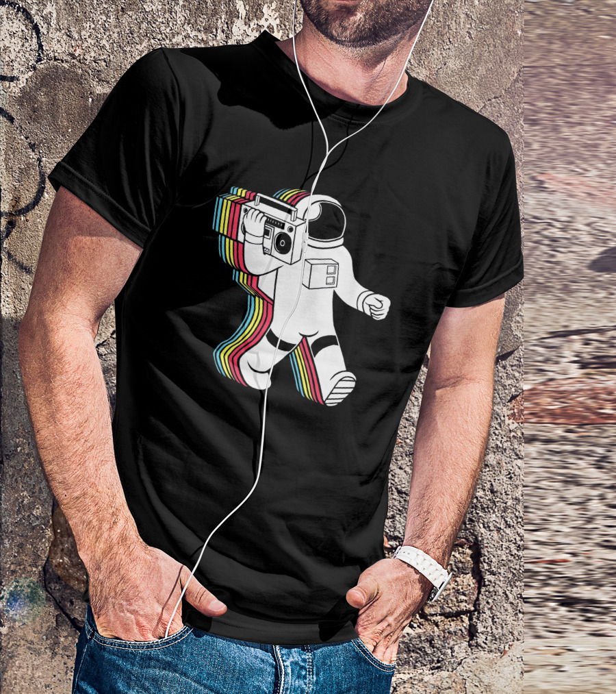 Apollo Funkalicious Astronaut Holding Boombox With Retro Stripes T-Shirt