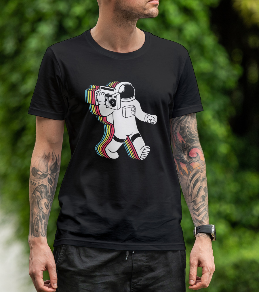 Apollo Funkalicious Astronaut Holding Boombox With Retro Stripes T-Shirt