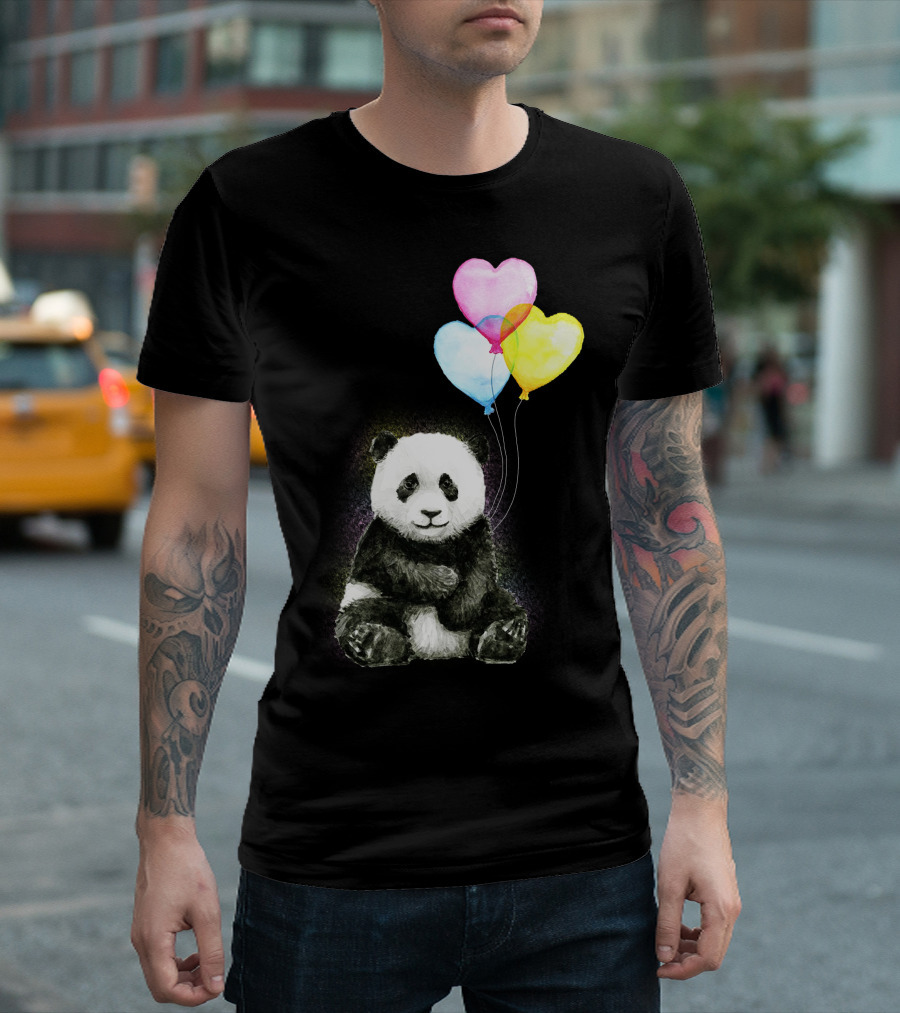 Baby Panda With Colorful Heart Balloons T-Shirt