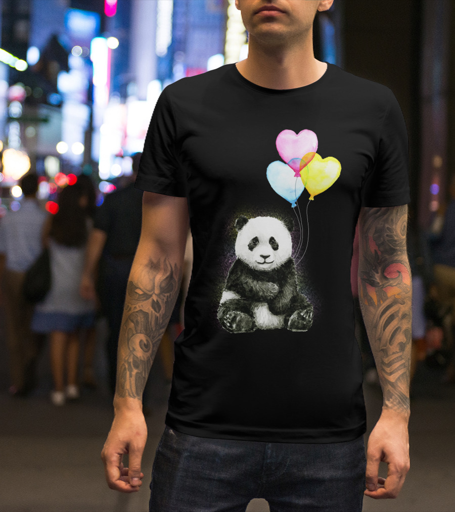 Baby Panda With Colorful Heart Balloons T-Shirt