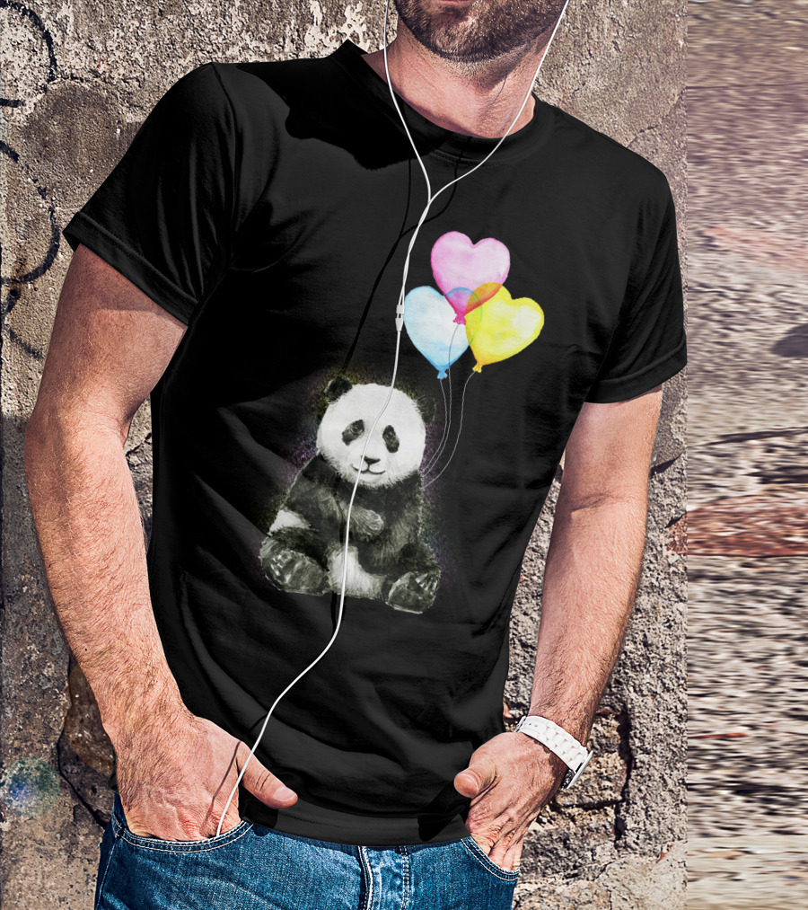 Baby Panda With Colorful Heart Balloons T-Shirt