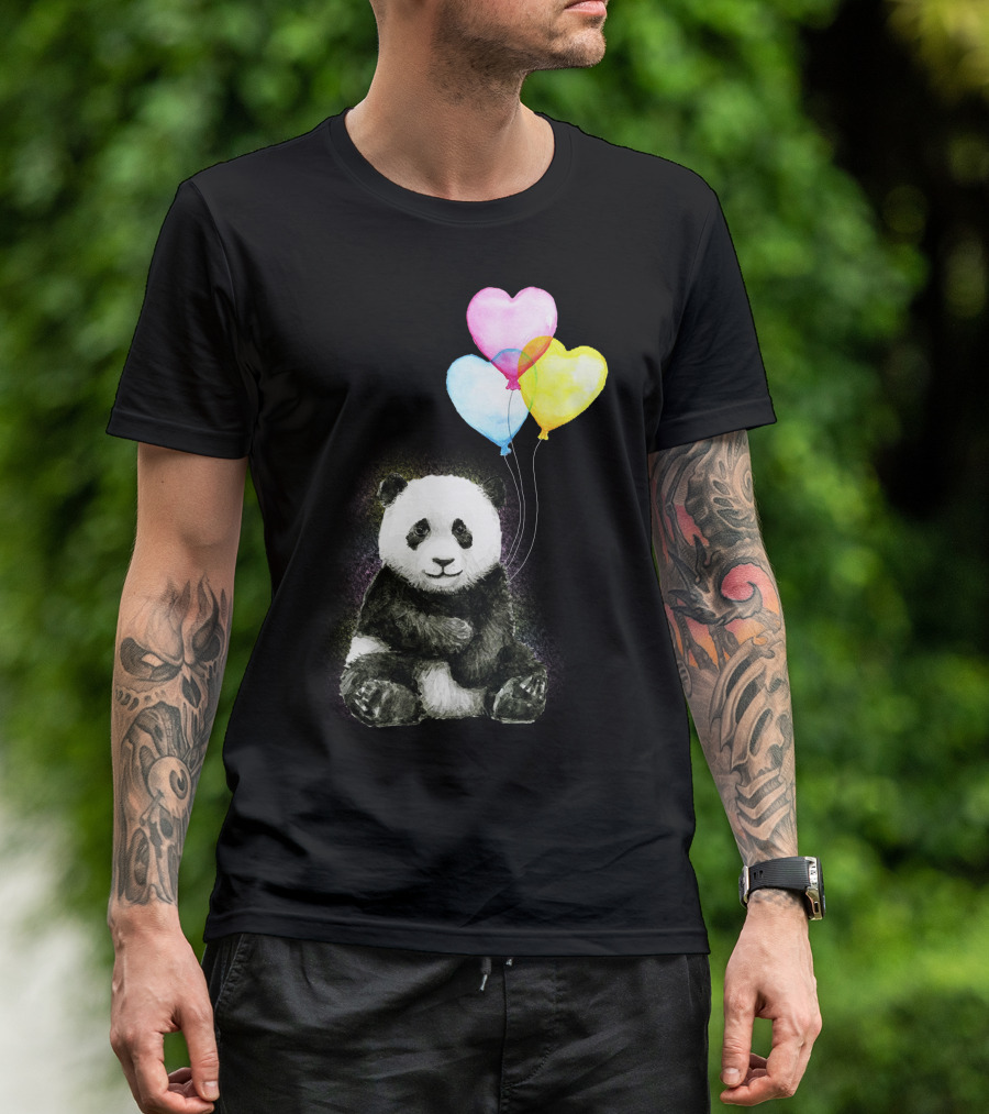 Baby Panda With Colorful Heart Balloons T-Shirt