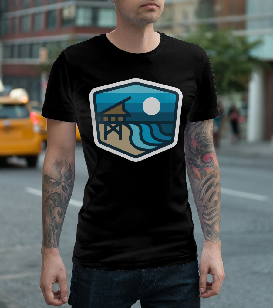 Lifeguard Tower Beach Waves Sunset Badge T-Shirt