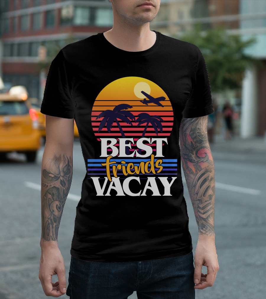 Best Friends Vacay Palm Sunset Airplane Adventure T-Shirt