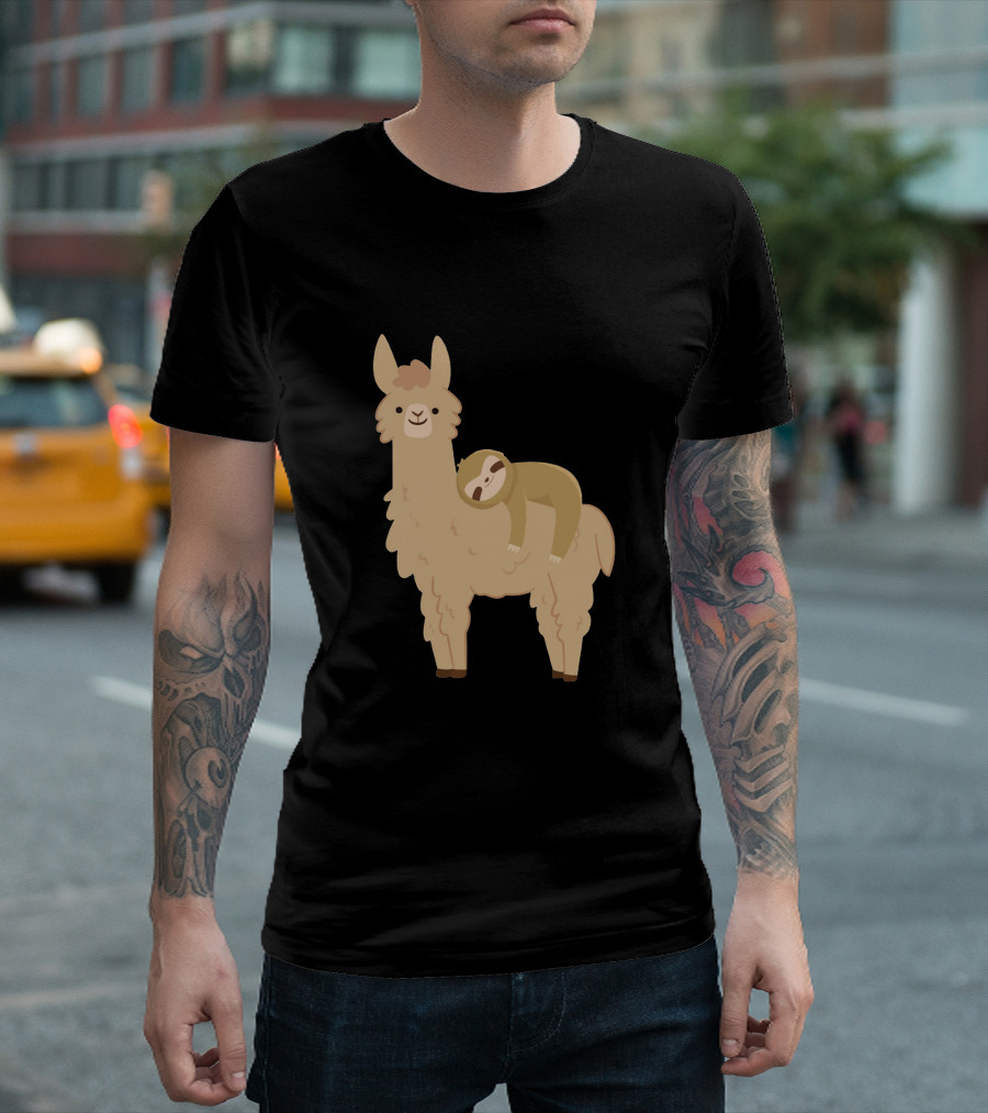 Adorable Sloth Relaxing On Cute Llama T-Shirt