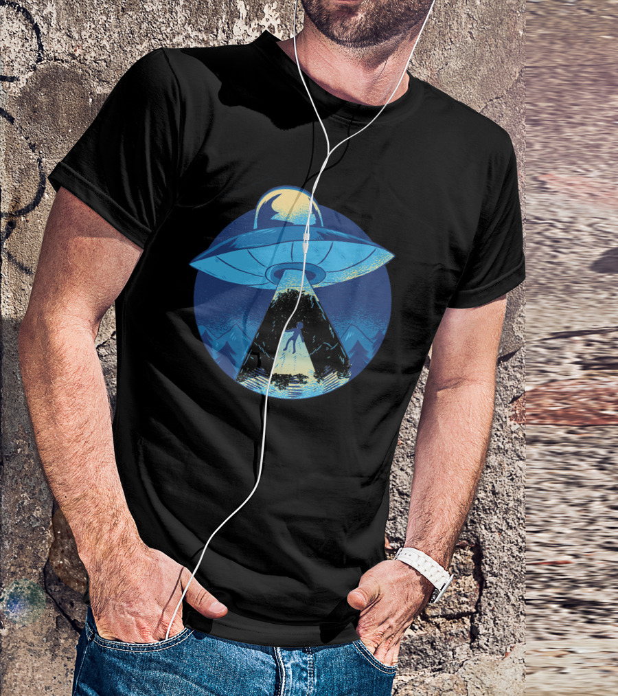 Alien Abduction UFO Light Beam With Person In Blue Night Scene T-Shirt