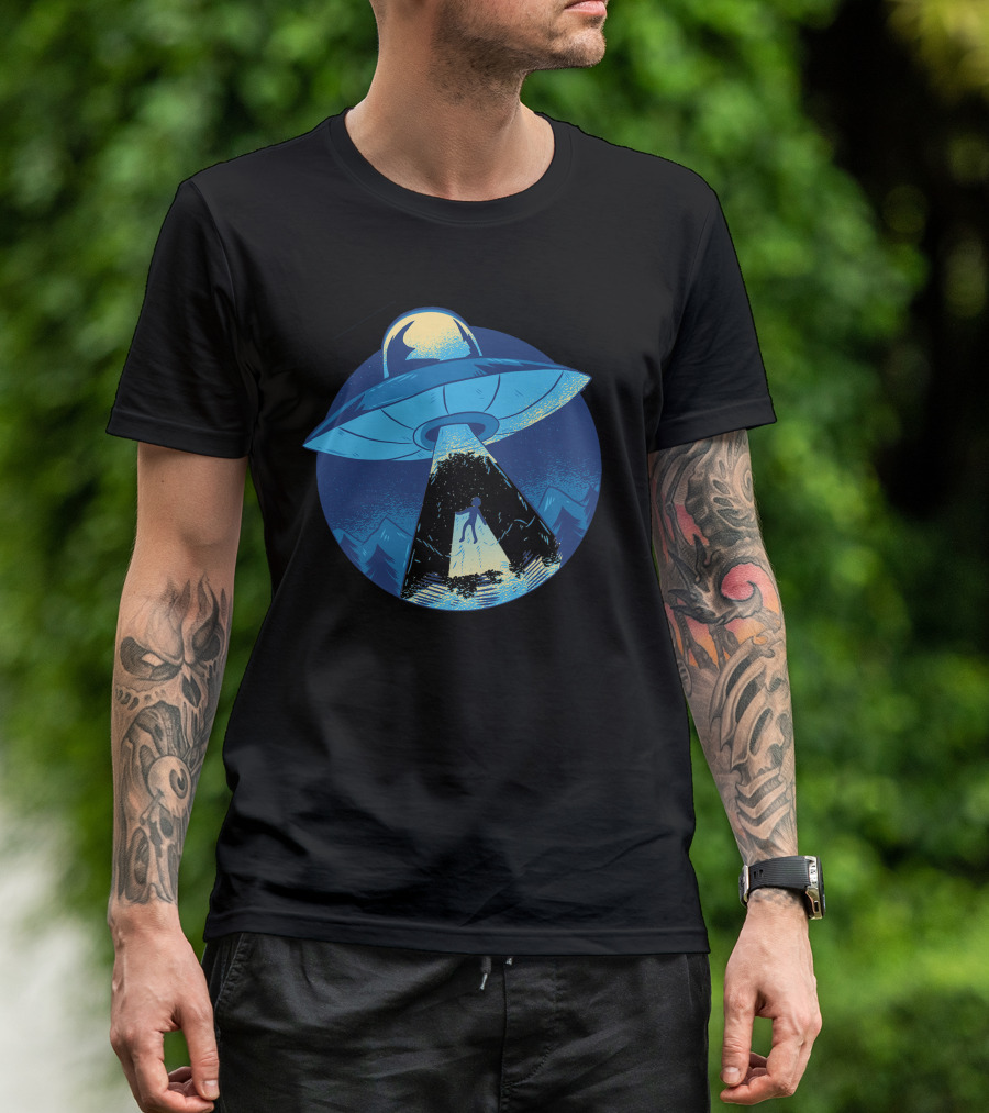 Alien Abduction UFO Light Beam With Person In Blue Night Scene T-Shirt
