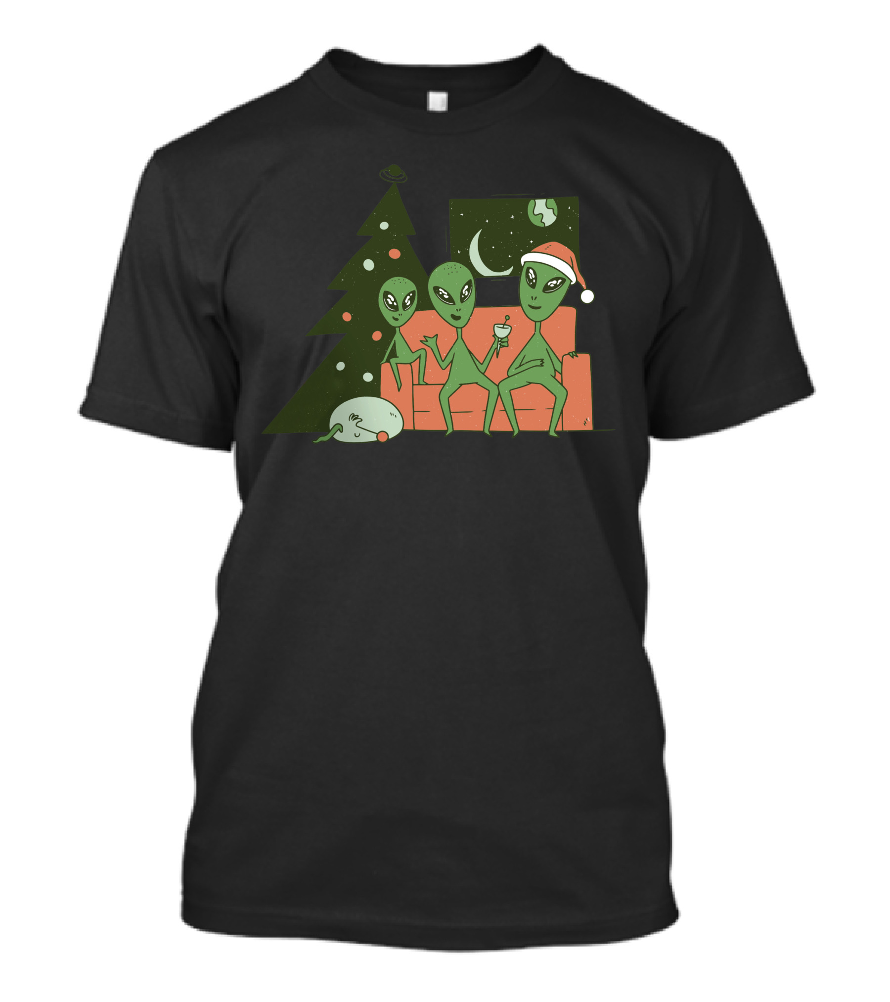 Alien Christmas Couch Scene With Festive Hats And Earth Window T-Shirt