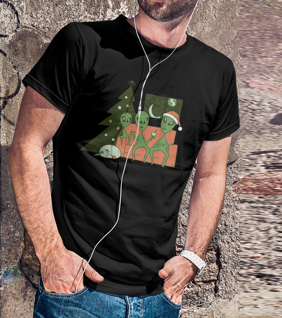 Alien Christmas Couch Scene With Festive Hats And Earth Window T-Shirt