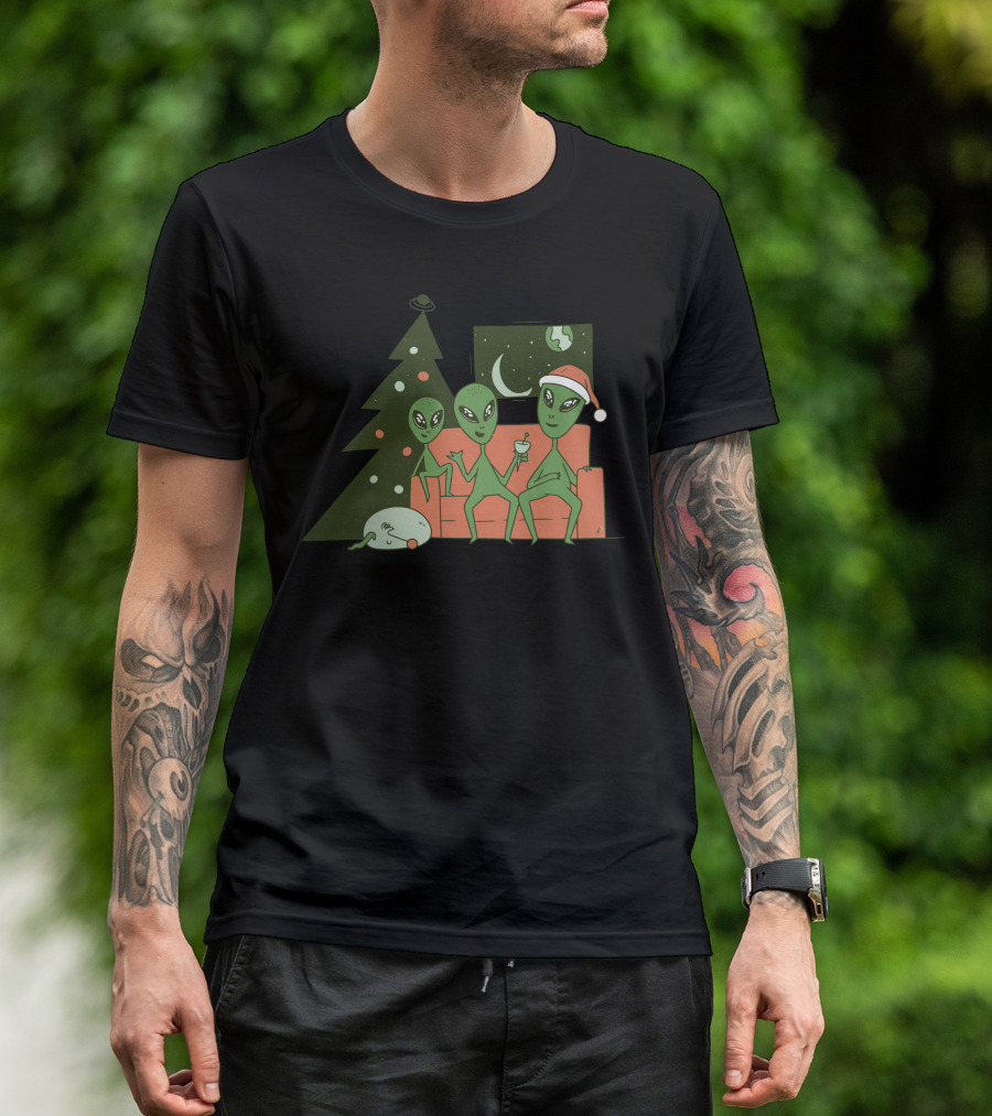 Alien Christmas Couch Scene With Festive Hats And Earth Window T-Shirt