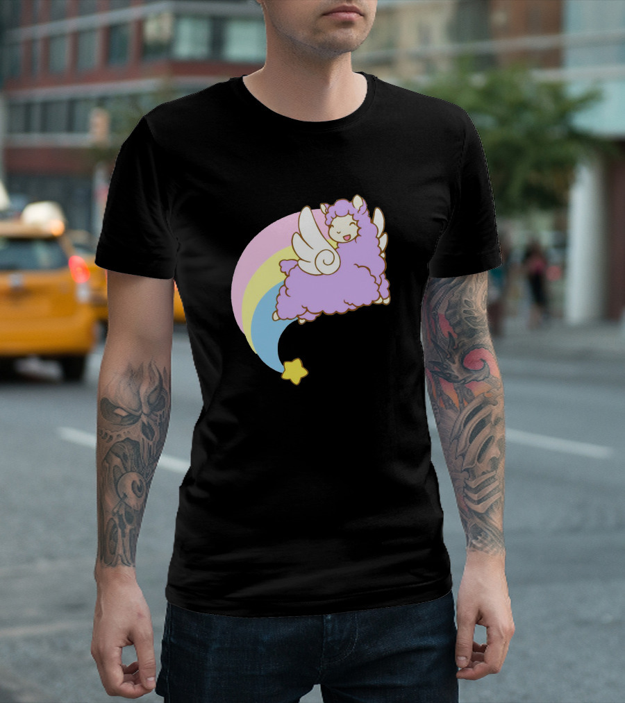 Alpacasus Flying Celestial Pastel Llama With Star And Rainbow Wings T-Shirt