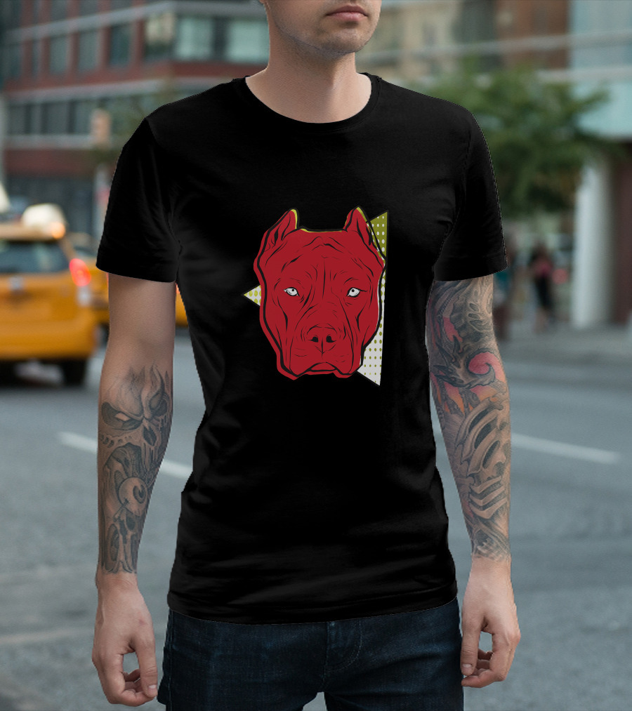 Angry Red Pitbull Face with Geometric Background T-Shirt
