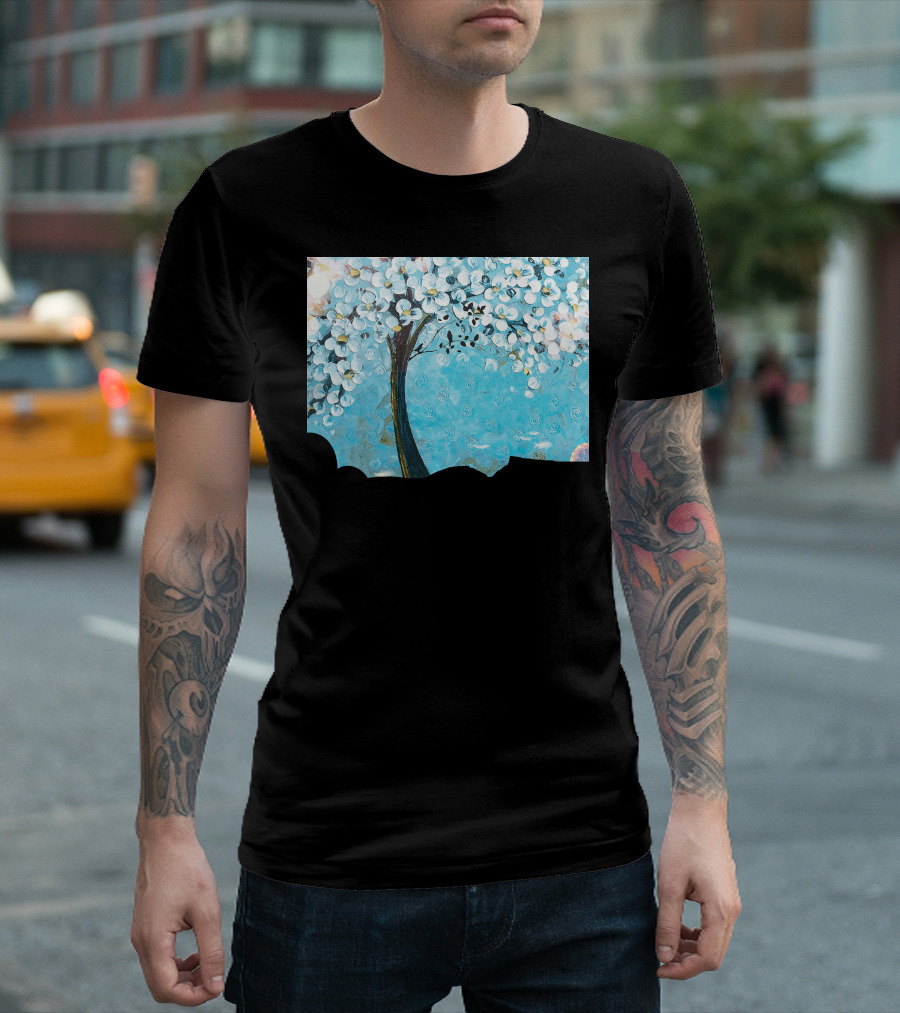 White Blossoms on Turquoise Abstract Tree T-Shirt