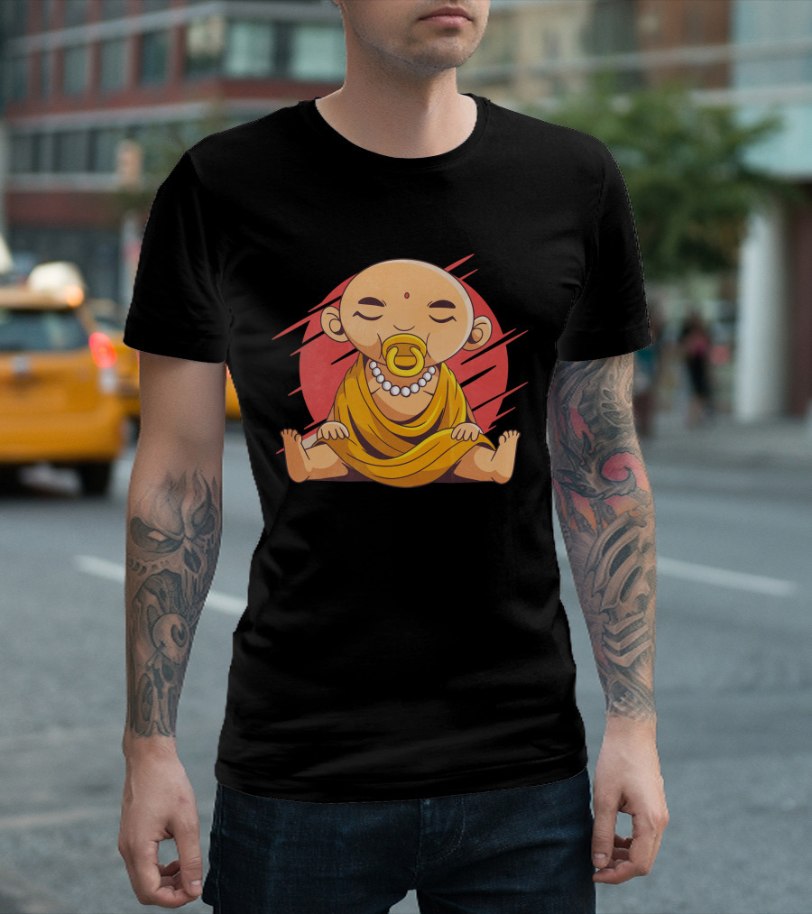 Baby Buddha Pacifier Meditation In Golden Robe With Red Circle Background T-Shirt