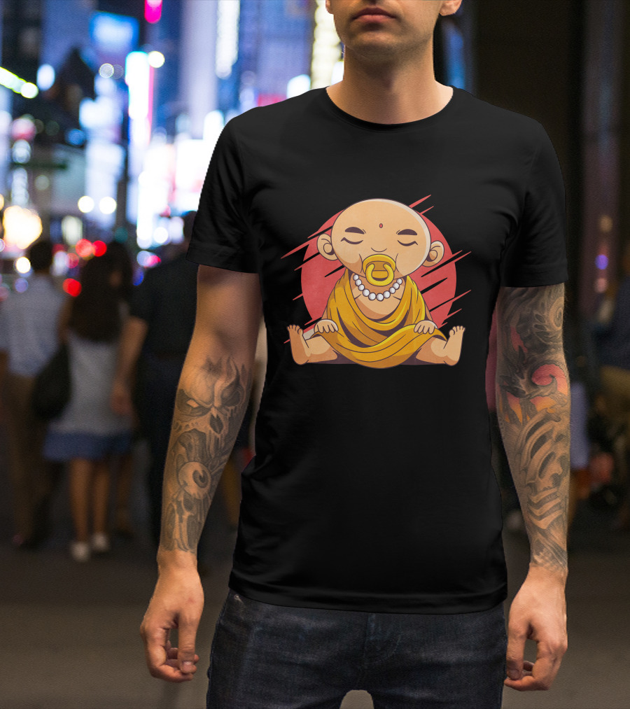 Baby Buddha Pacifier Meditation In Golden Robe With Red Circle Background T-Shirt