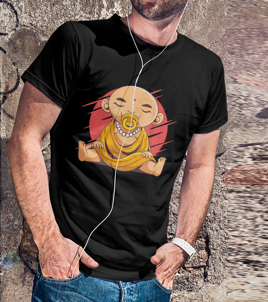 Baby Buddha Pacifier Meditation In Golden Robe With Red Circle Background T-Shirt