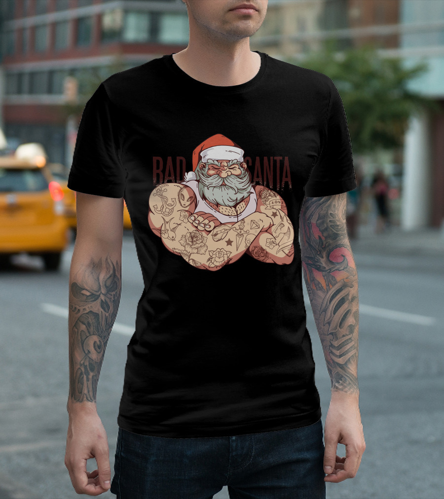 Bad Tattoo Santa Muscular Christmas Inked Holiday T-Shirt