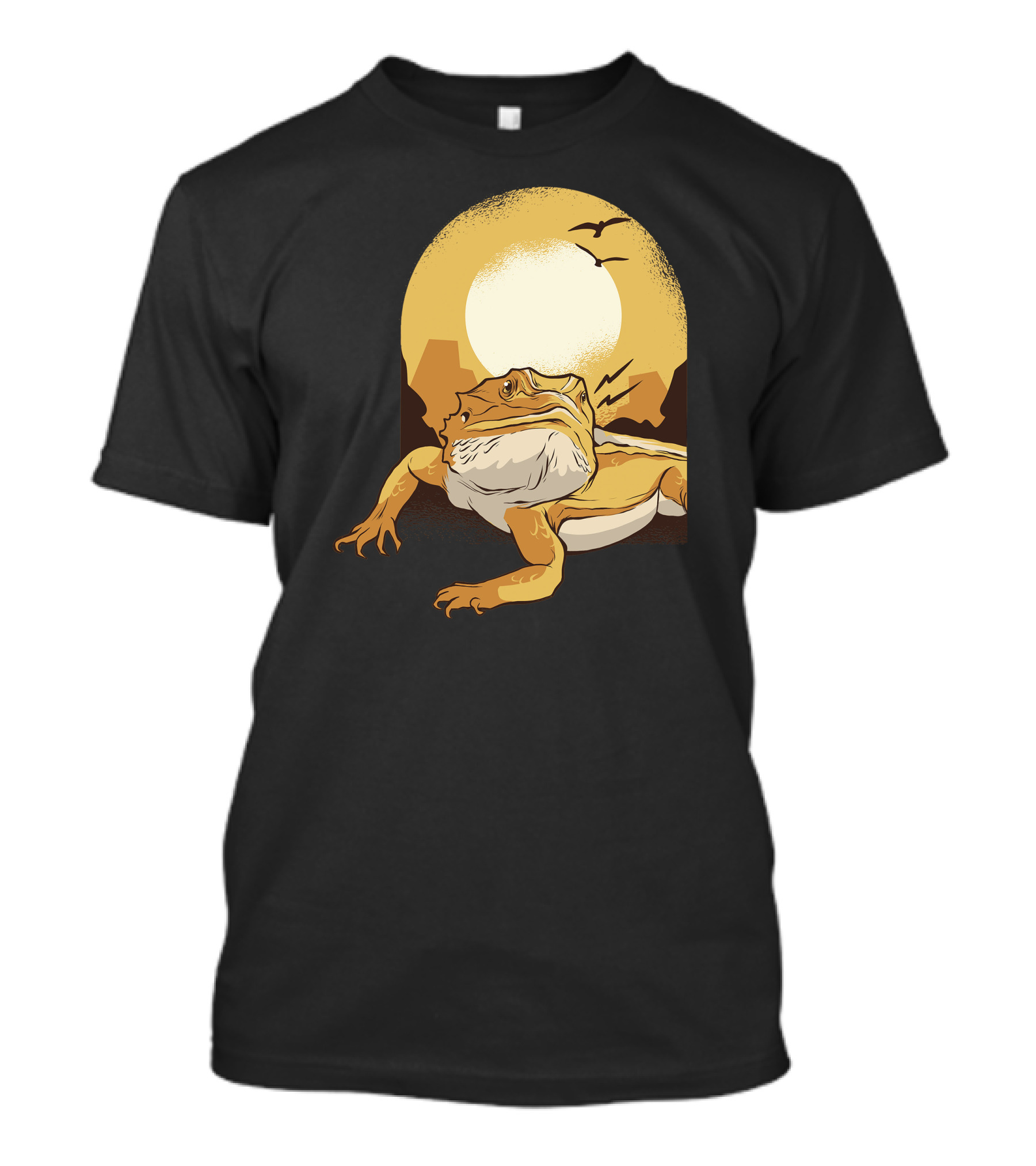 Bearded Dragon Sunset Silhouette With Birds And Mountains T-Shirt