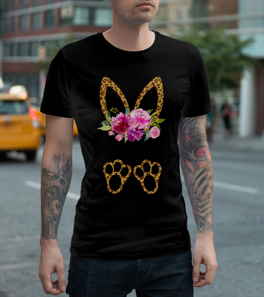 Mama Bunny Leopard Floral Ears Paws T-Shirt