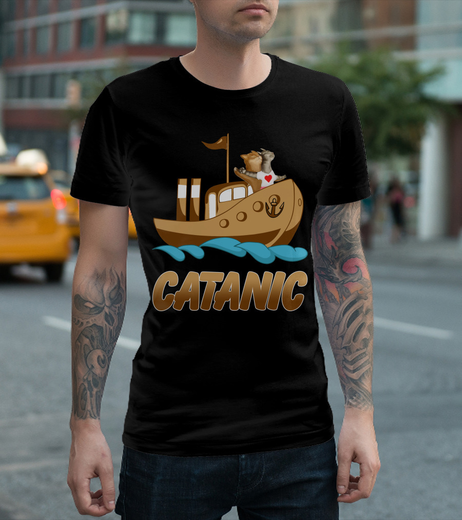 Catanic Cats on Ship with Heart and Anchor T-Shirt