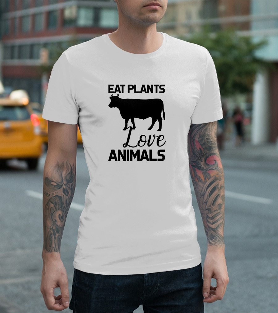 Eat Plants Love Animals Cow Silhouette Vegan Message T-Shirt