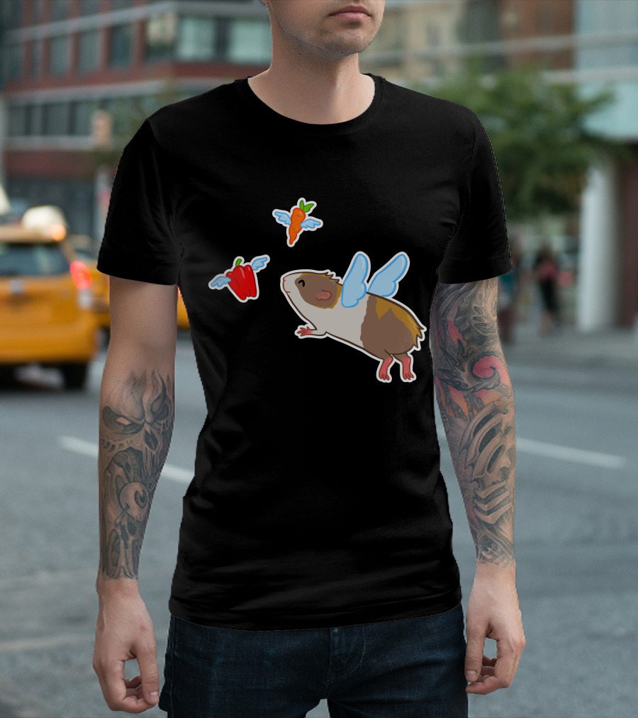 Guinea Pig With Wings Chasing Flying Carrot And Bell Pepper T-Shirt