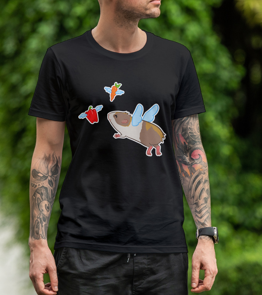 Guinea Pig With Wings Chasing Flying Carrot And Bell Pepper T-Shirt